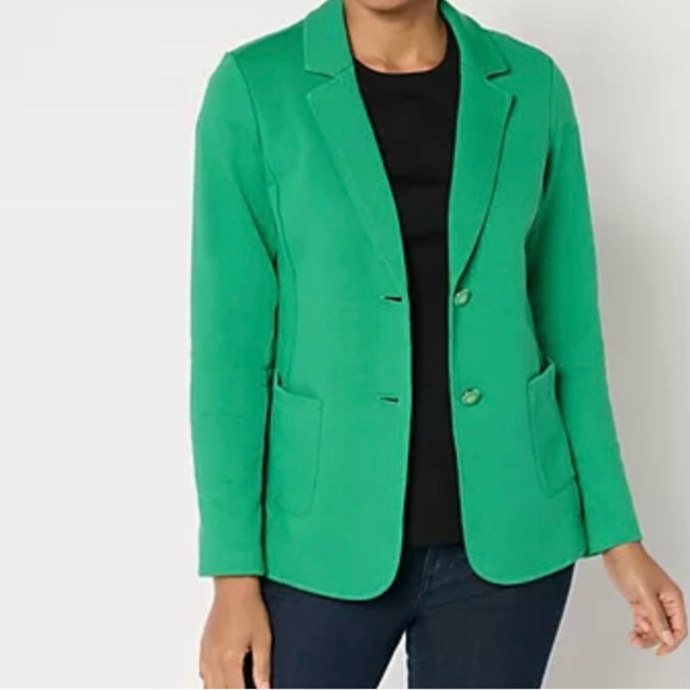 Susan Graver Weekend Marina Knit Plus Notch Collar Blazer Green 2X